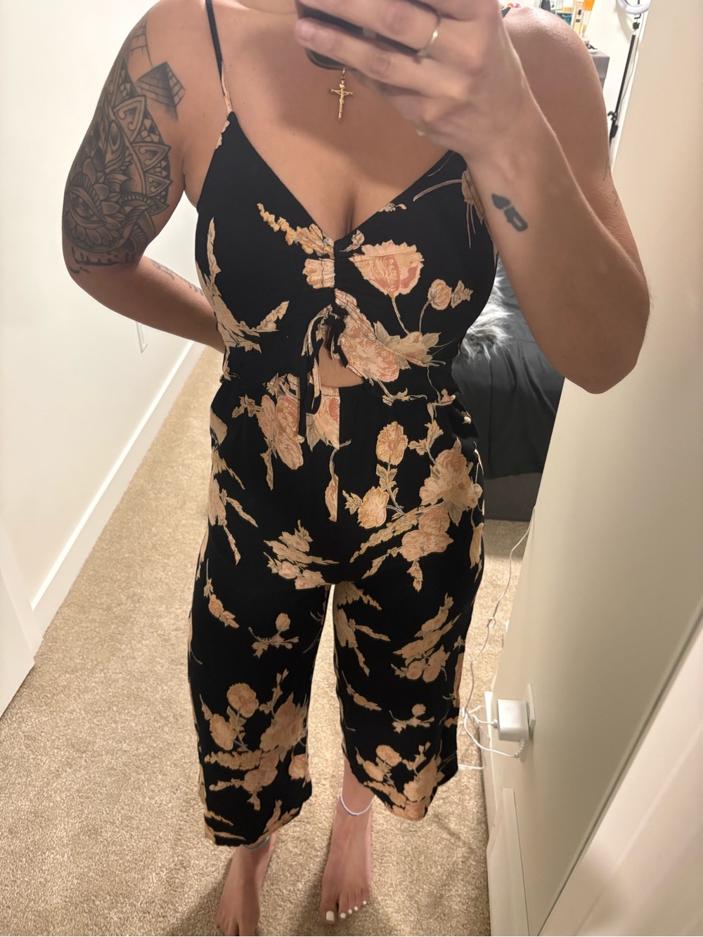 saltwater LUXE Black Jumpsuit with Peach Floral Print